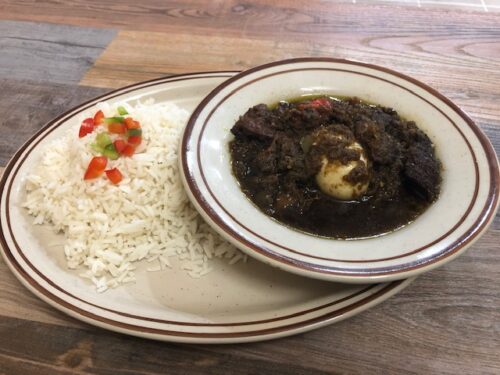 WHITE RICE with plantain serves with Buka Stew (AYAMASE)